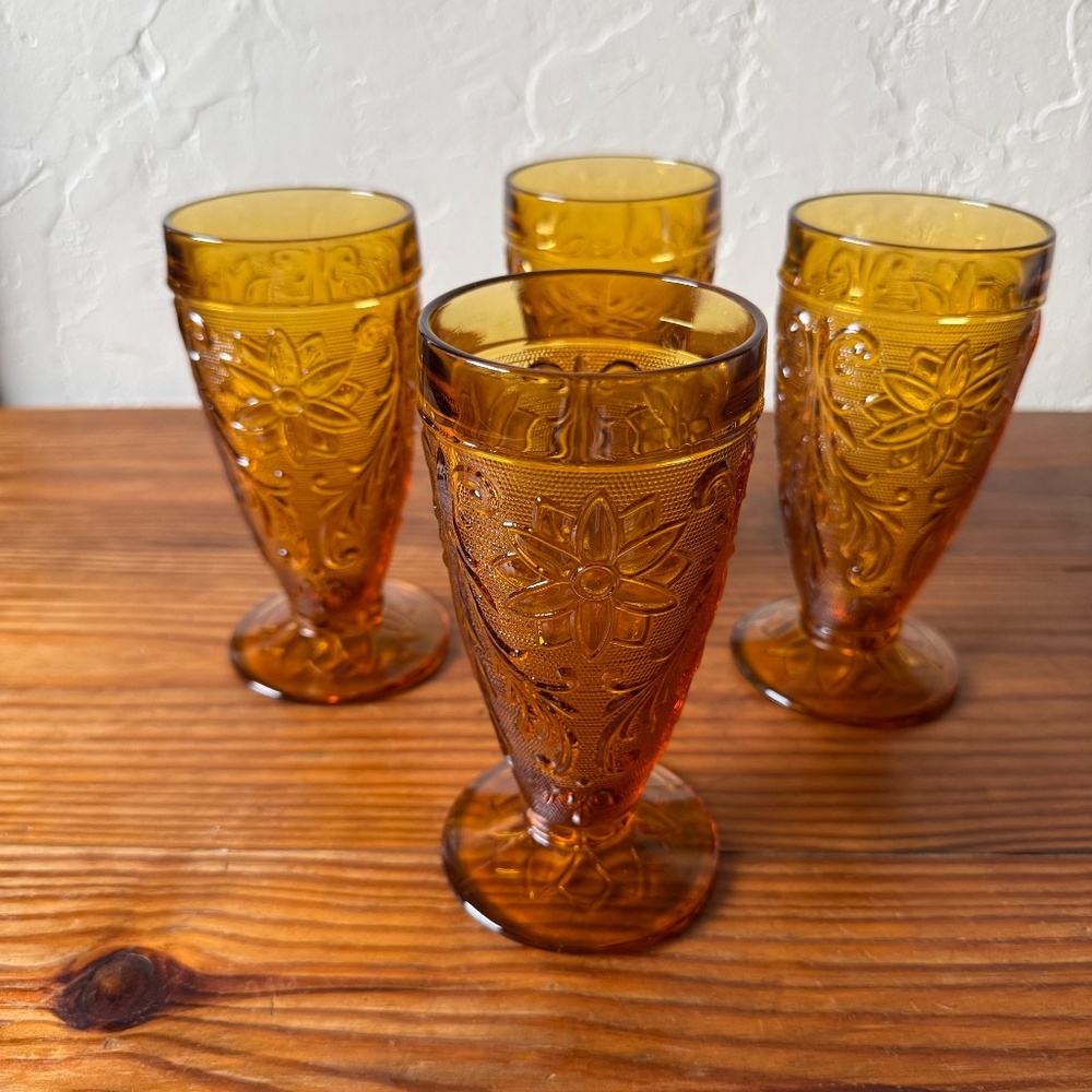 Set of 4 – Vintage Tiara Sandwich Amber Iced Tea Goblets - Indiana Glass